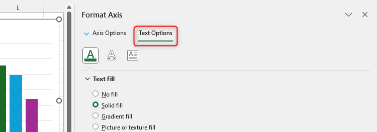 The Text Options tab in Excel's Format Chart Pane.