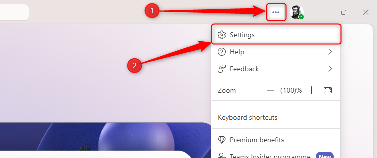 The three-dot button in Microsoft Teams is selected, and the Settings option is highlighted.