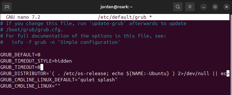 The Ubuntu terminal with the nano text editor showing the GRUB2 configuration file.