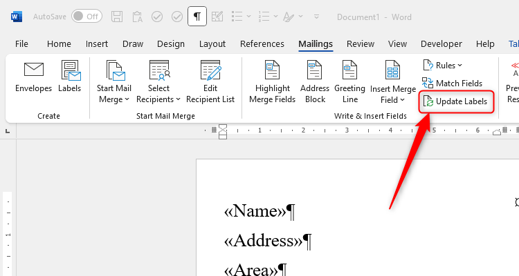 The Update Labels button in Microsoft Word.