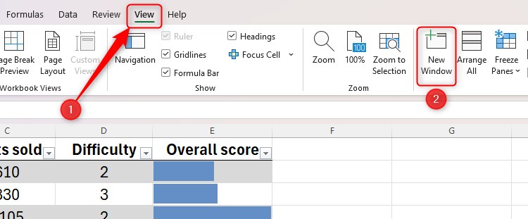 The View tab on the ribbon in Excel is opened, and the New Window icon is selected.