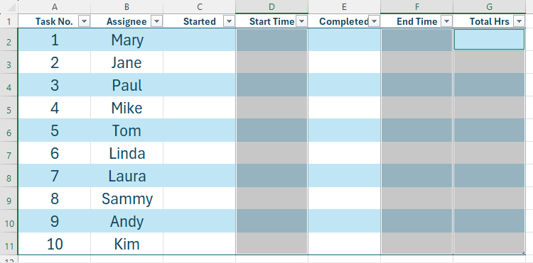 Three columns in an Excel table where the data type will be time are selected.