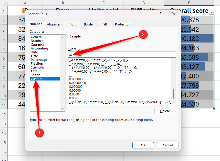 Three semicolons are typed into the Type box in the Custom area of the Format Cells dialog box.