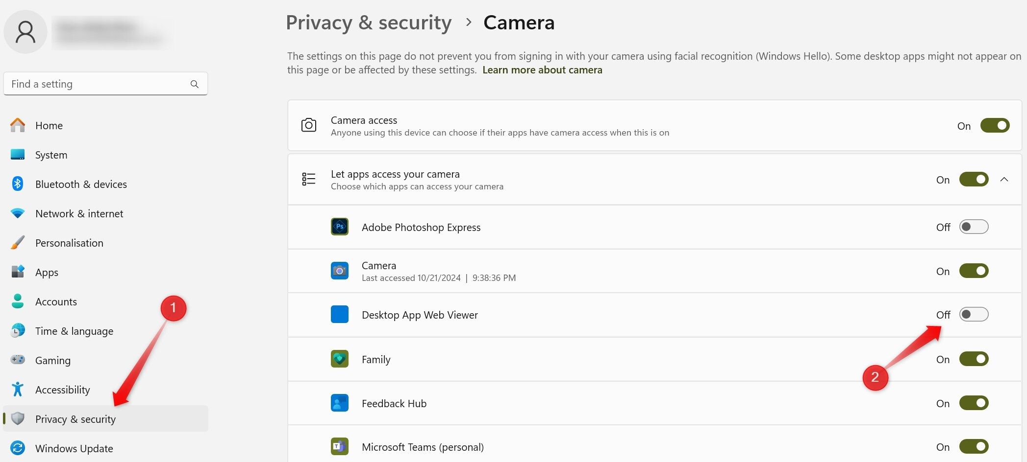 Turning off camera permissions for an app in the Settings app on Windows.