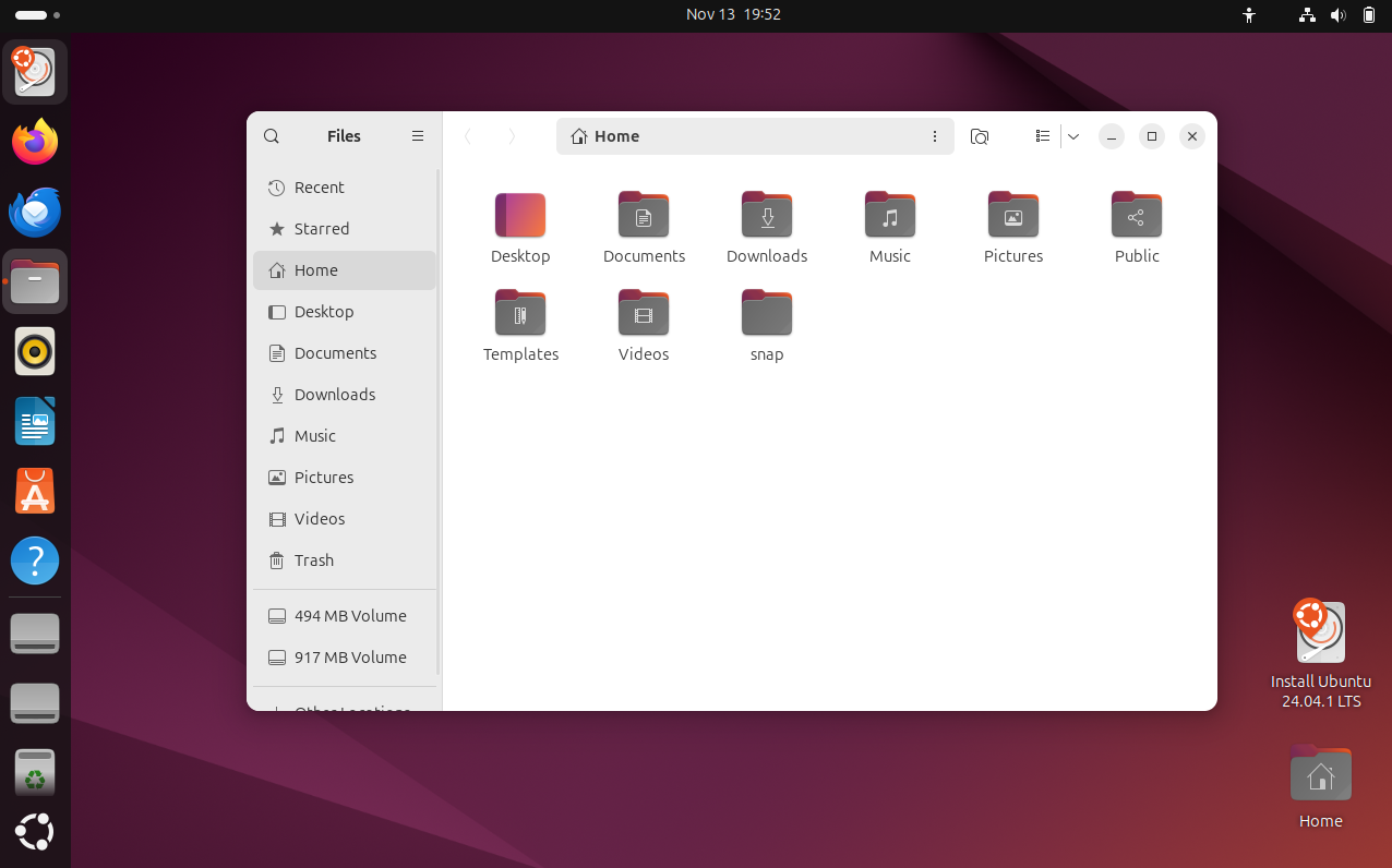 Ubuntu 24.04 live environment desktop with the file manager open.