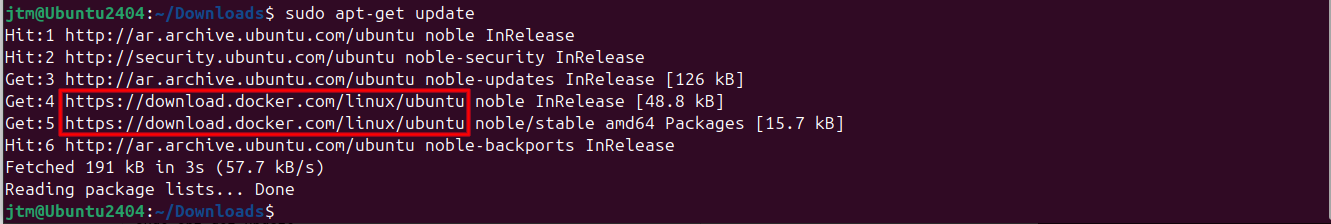 Ubuntu apt update command showing addition of docker repositories.