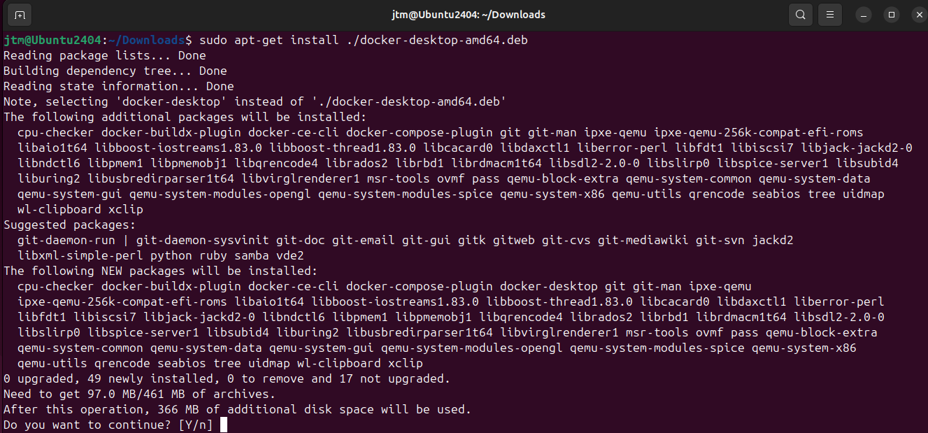 Ubuntu terminal showing dependencies needed to install Docker Desktop