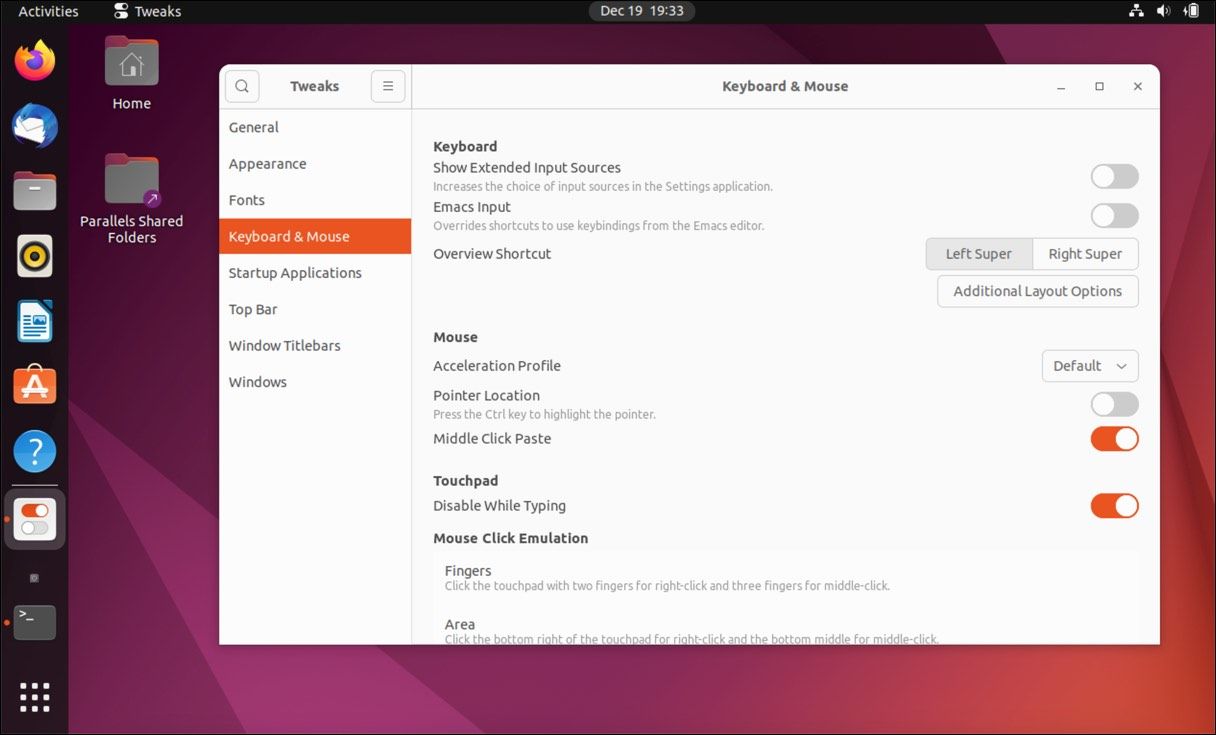 A screenshot showing the Ubuntu GNOME Tweaks settings app, with keyboard and mouse settings listed.