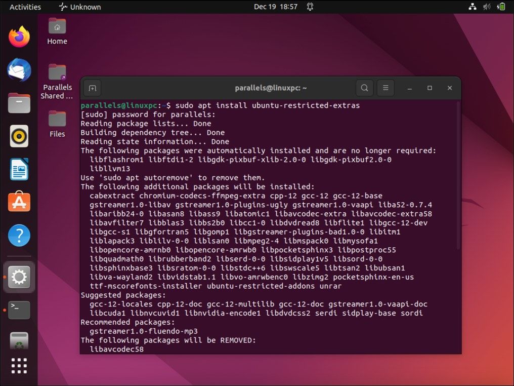 In the terminal, run the command "sudo apt install ubuntu-restricted-extras" to install the Ubuntu Restricted Extras package.