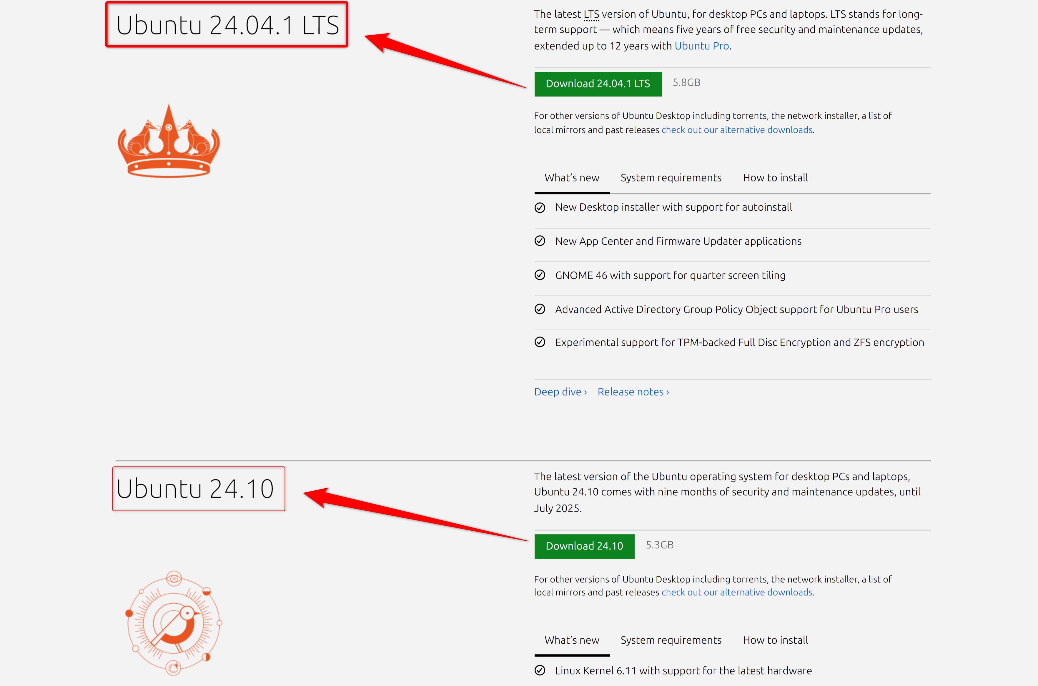Ubuntu LTS and Ubuntu non-LTS download page.