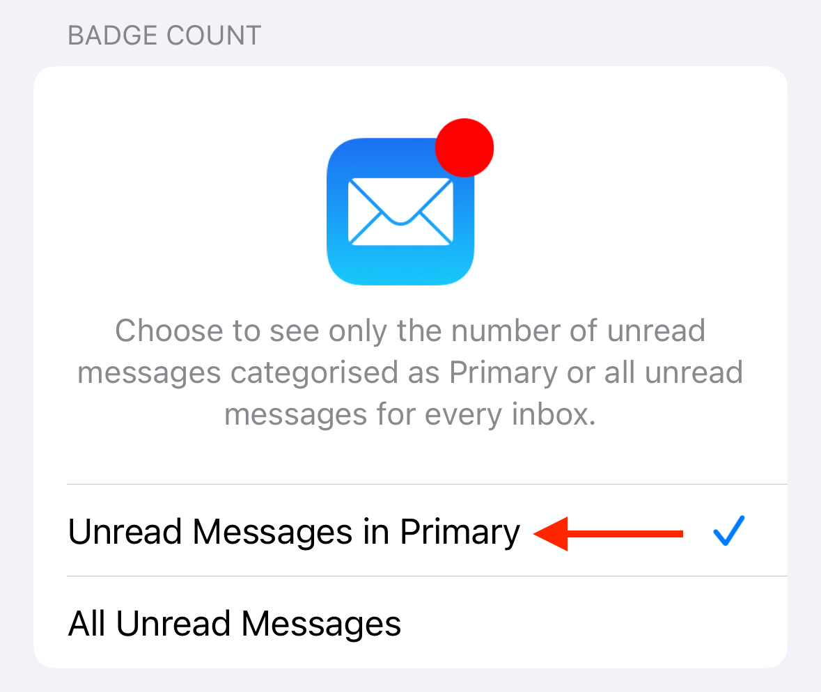 Unread Messages in Primary option in Mail notification settings on iPhone.