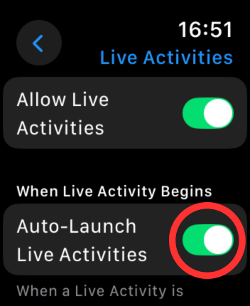 Screenshot of the Live Activities menu with a circle around the Auto-Launch feature.