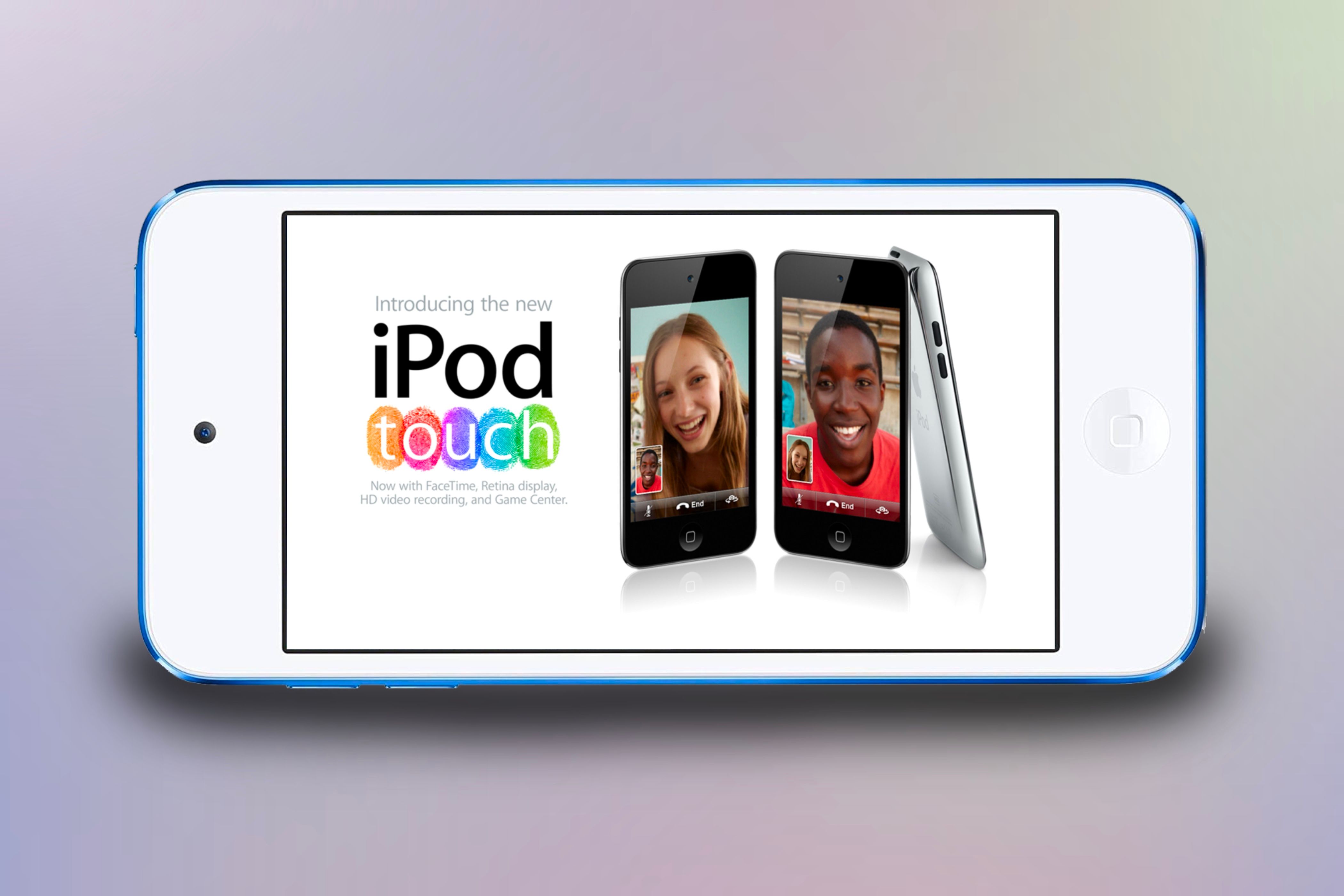 A vintage iPod Touch ad being showcased on a silver iPod touch.