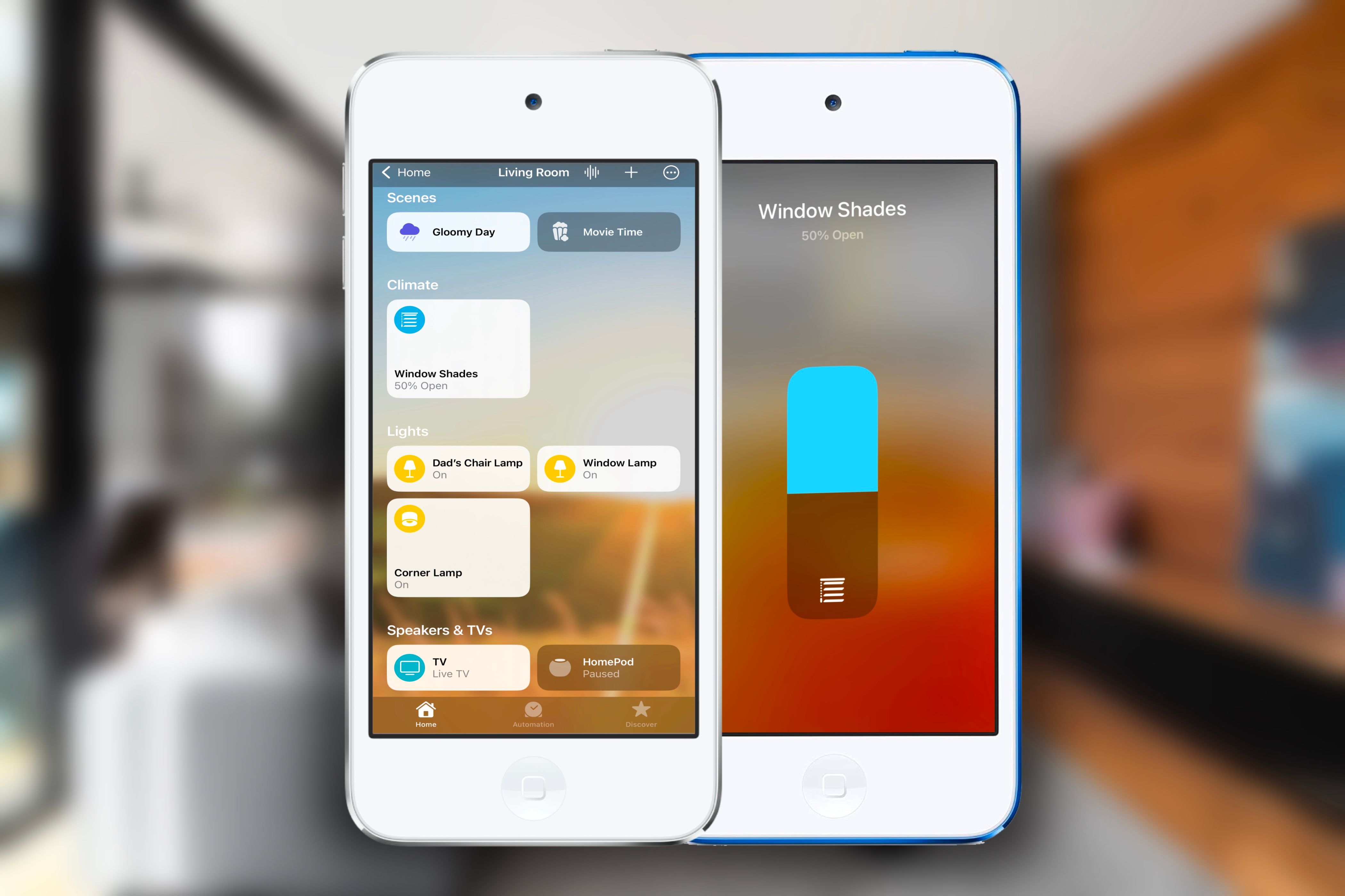 One silver and one blue iPod Touch showing the Home app and controlling a HomeKit device.