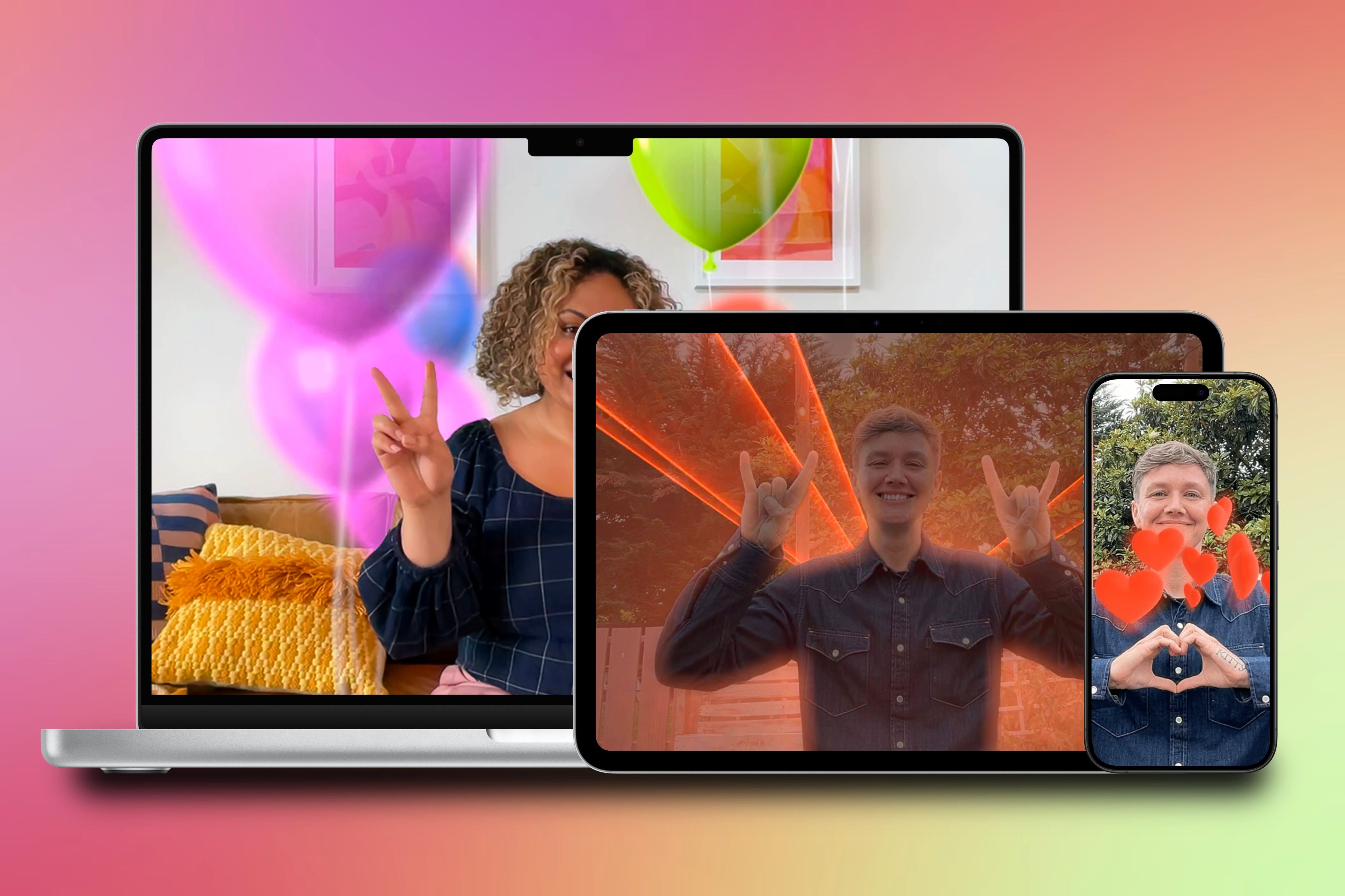 FaceTime videos with Reactions (balloons, lasers, and hearts) happening on a MacBook Pro, iPad Pro, and iPhone with a colorful background behind them.