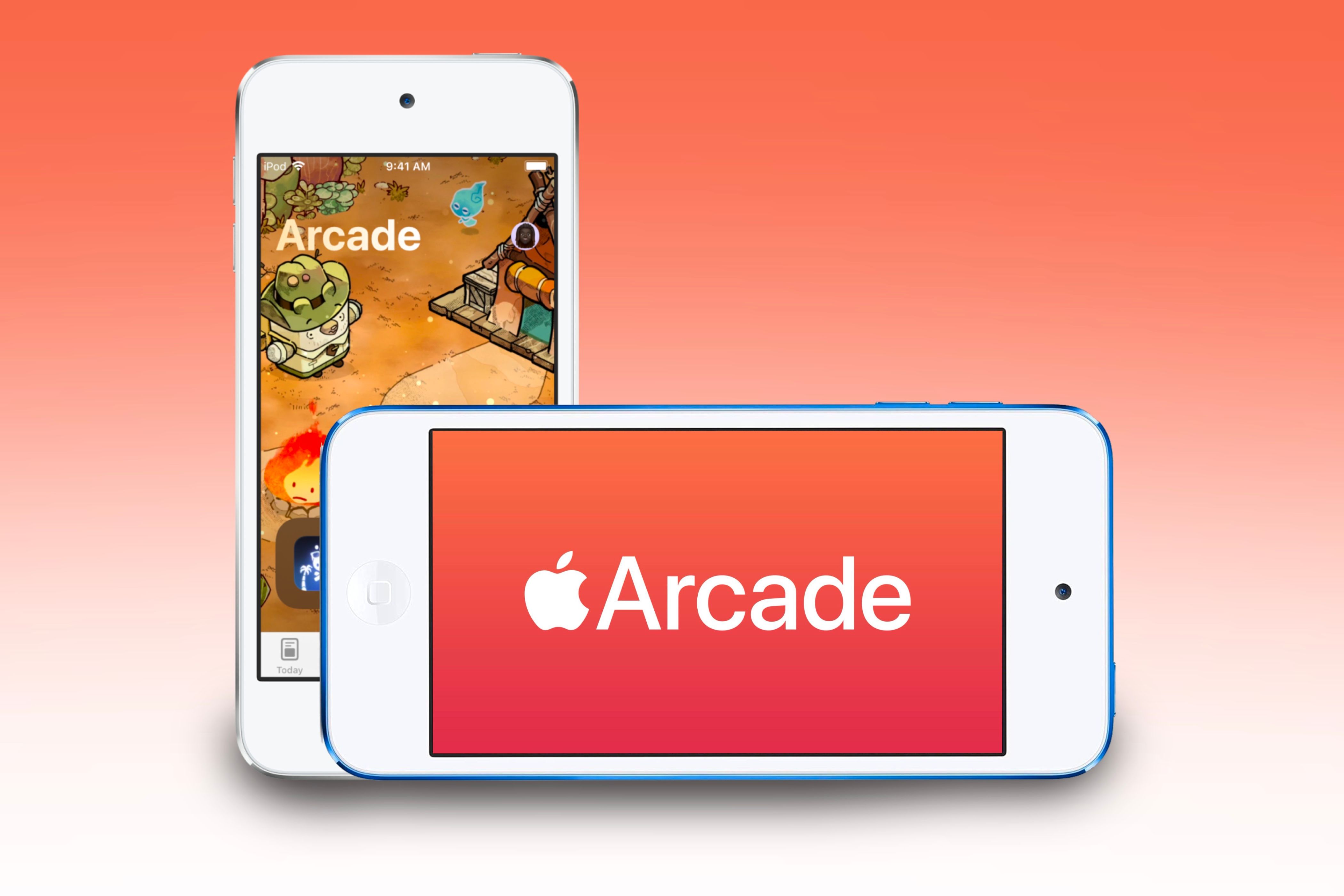 Apple Arcade logo and promotion in the App Store being showcased on one silver and one blue iPod touch.