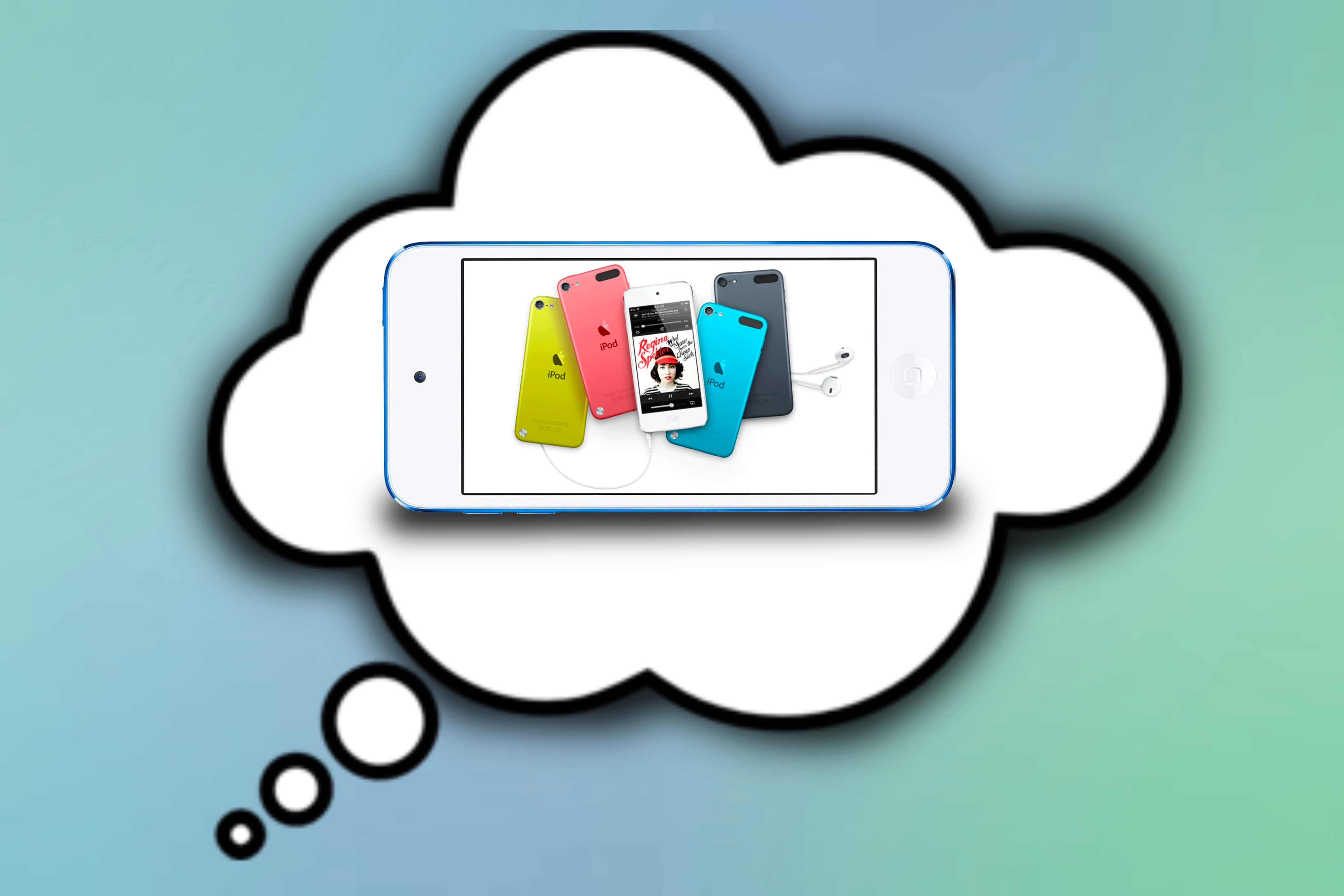 A blue iPod touch in a memory bubble with a colorful gradient behind it.