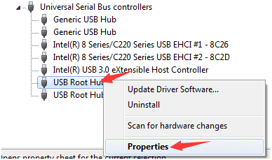 Right-click on the USB Root Hub option and then select Properties