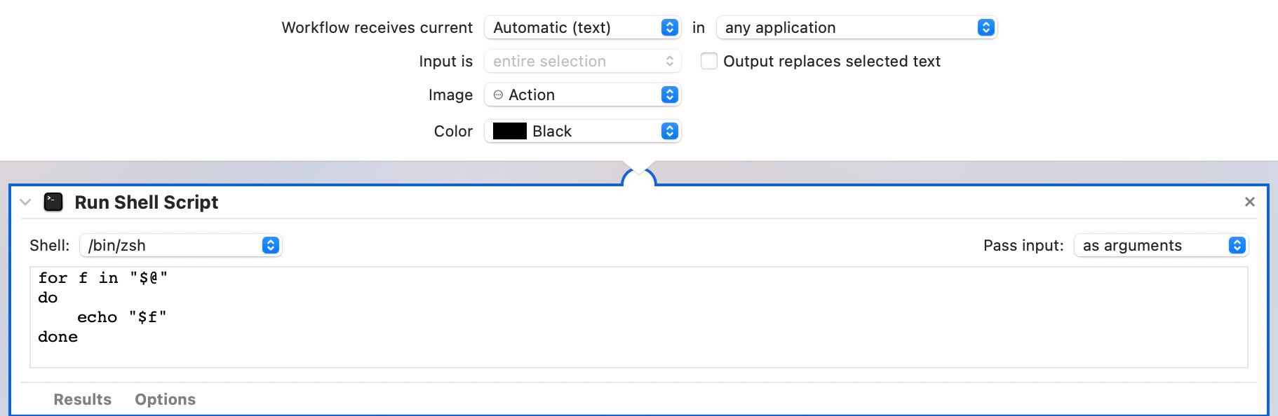 Configuring the Shell and Pass Input options for the Run Shell Script action in Automator.