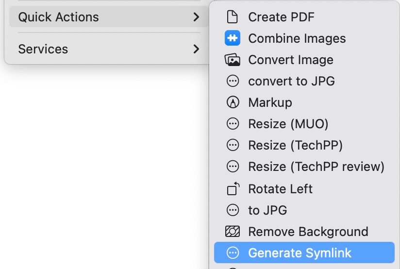 Using the General Symlink Quick Action on a file to create a symbolic link on a Mac.