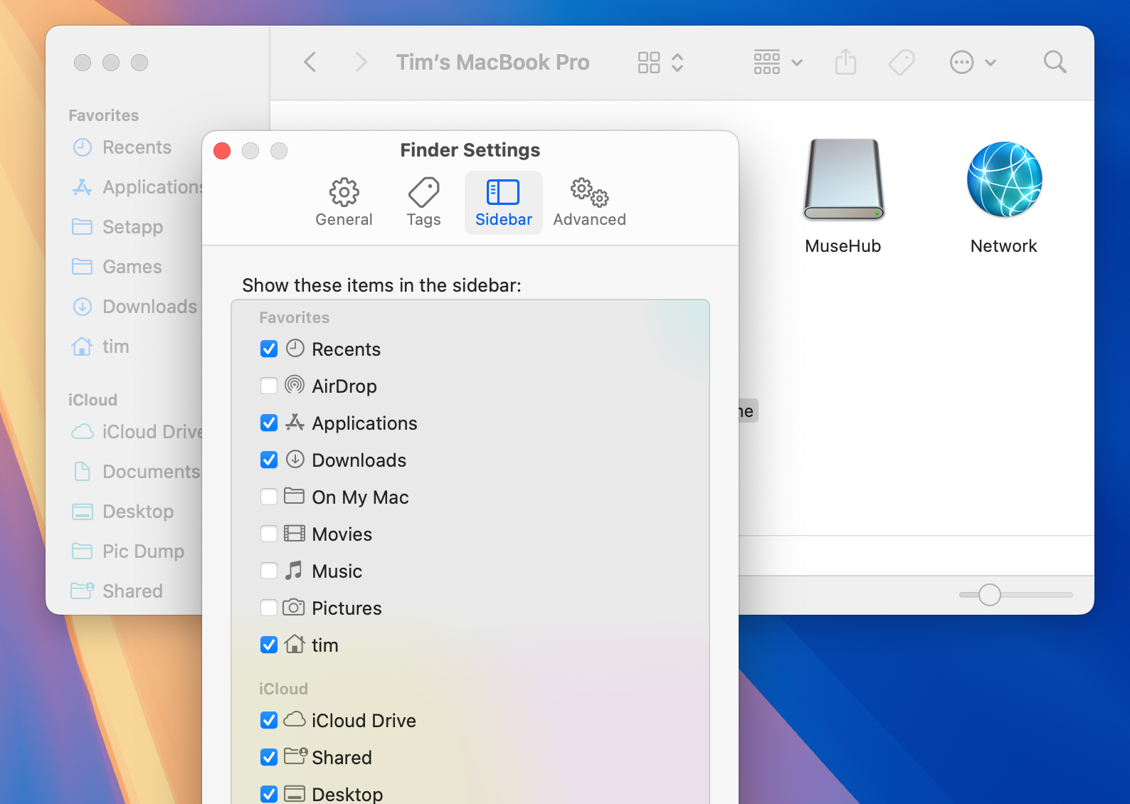 Using Finder settings to add or remove items from the sidebar.