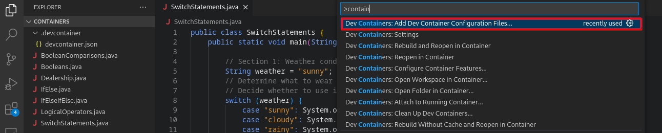 VSCode command palette showing selection to add container configuration files.