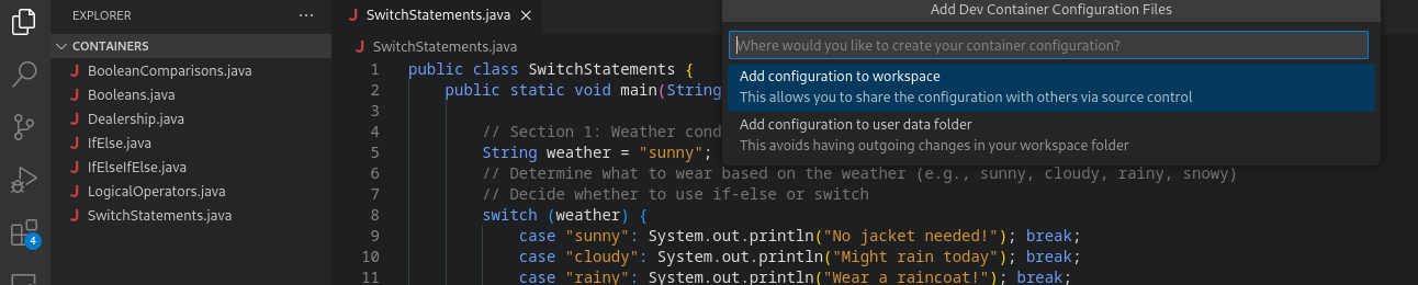 VSCode command palette prompting for the location to place configuration files.