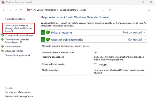 Allow an app or feature through Windows Defender Firewall