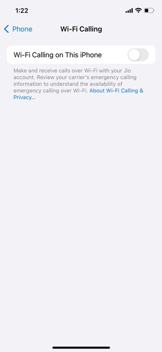 enable the toggle for Wi-Fi Calling on This iPhone.