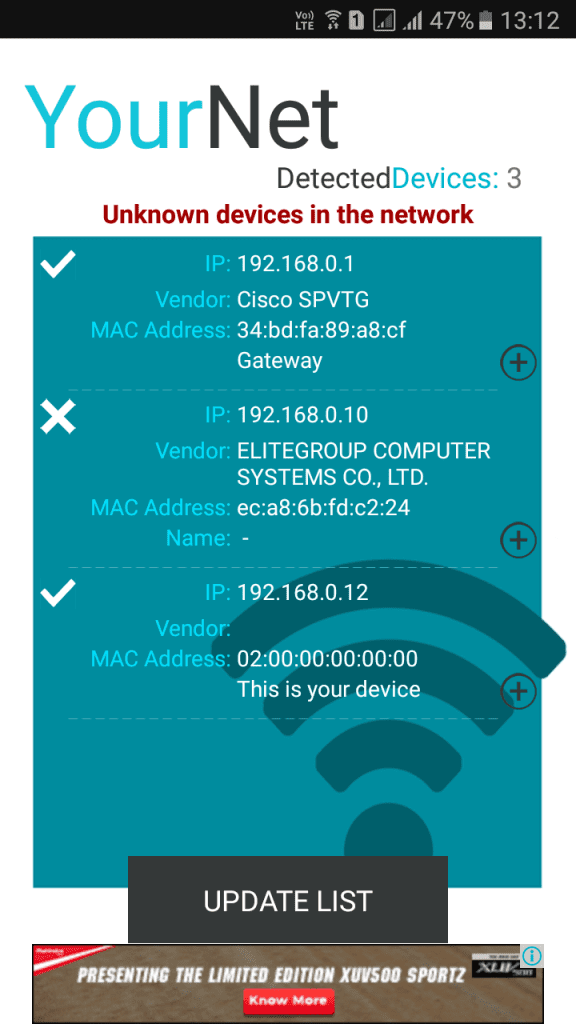 List of devices connected to the network