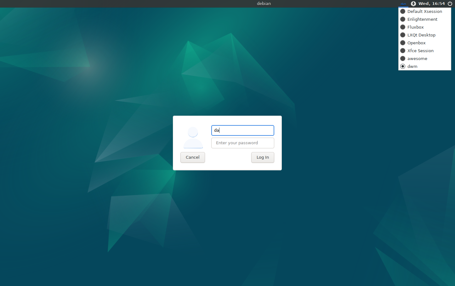 Debian login menu with window manager drop-down menu selected.