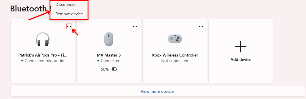 Windows 11 Bluetooth settings showing how to both disconnect and/or remove a device.