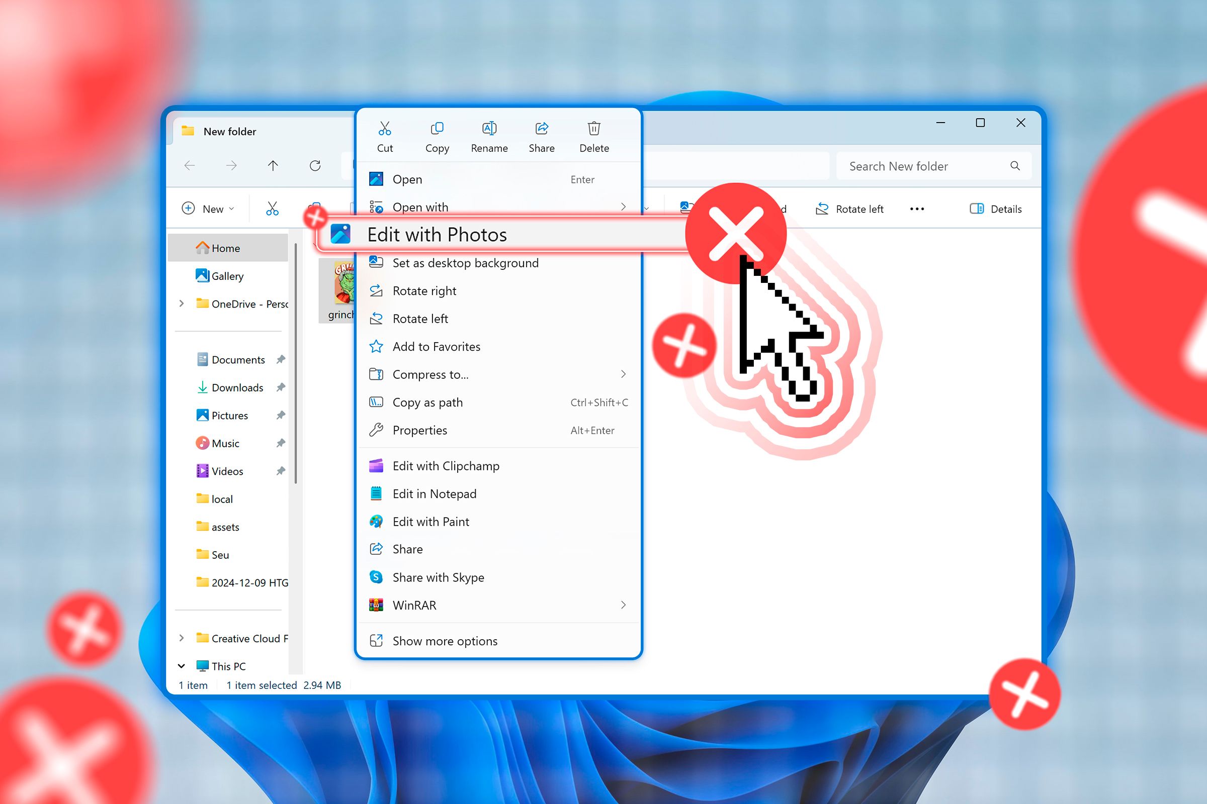 Windows 11 context menu with a cursor hovering over 'Edit with Photos' and several 'X' marks around.