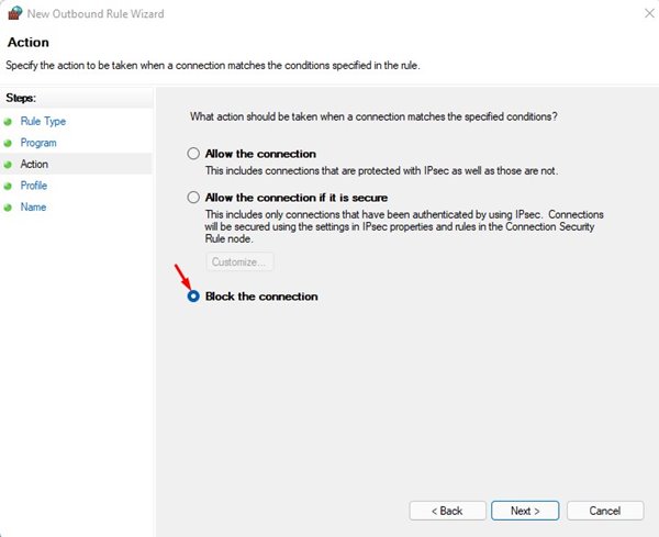 Select the 'Block the connection' option