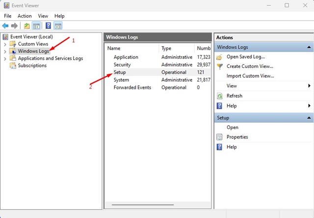 Windows Logs > Setup