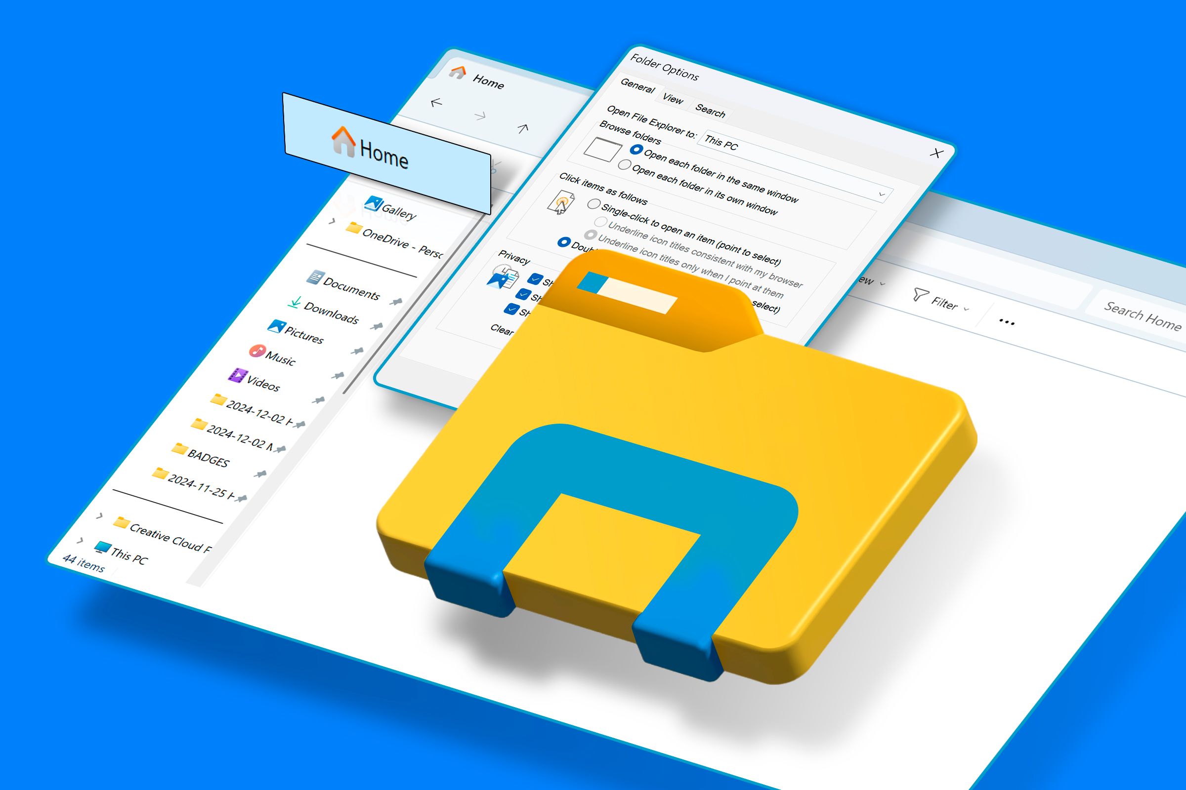 Windows Explorer highlighting the 'Home' folder with the File Explorer icon in the center.