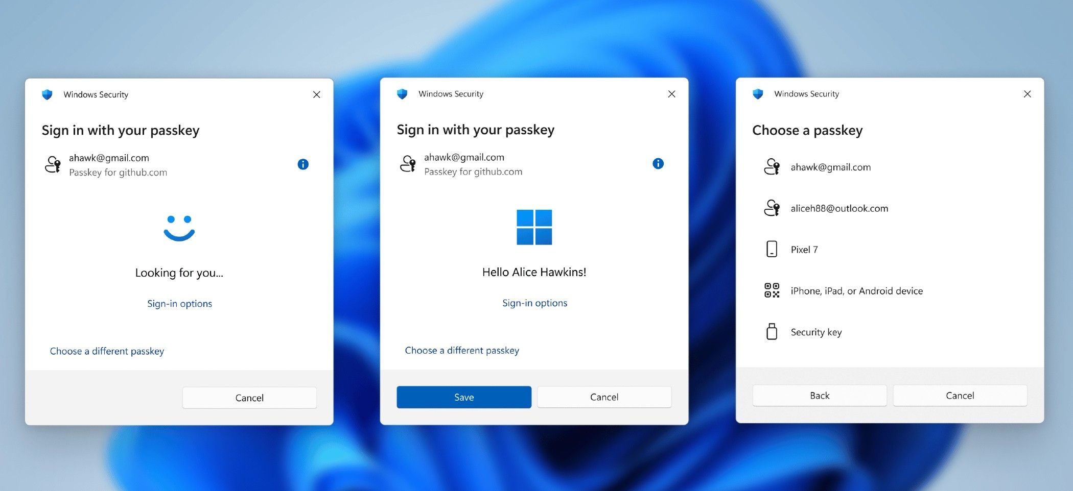 A screen showing a Windows passkey beta user picking a new passkey.