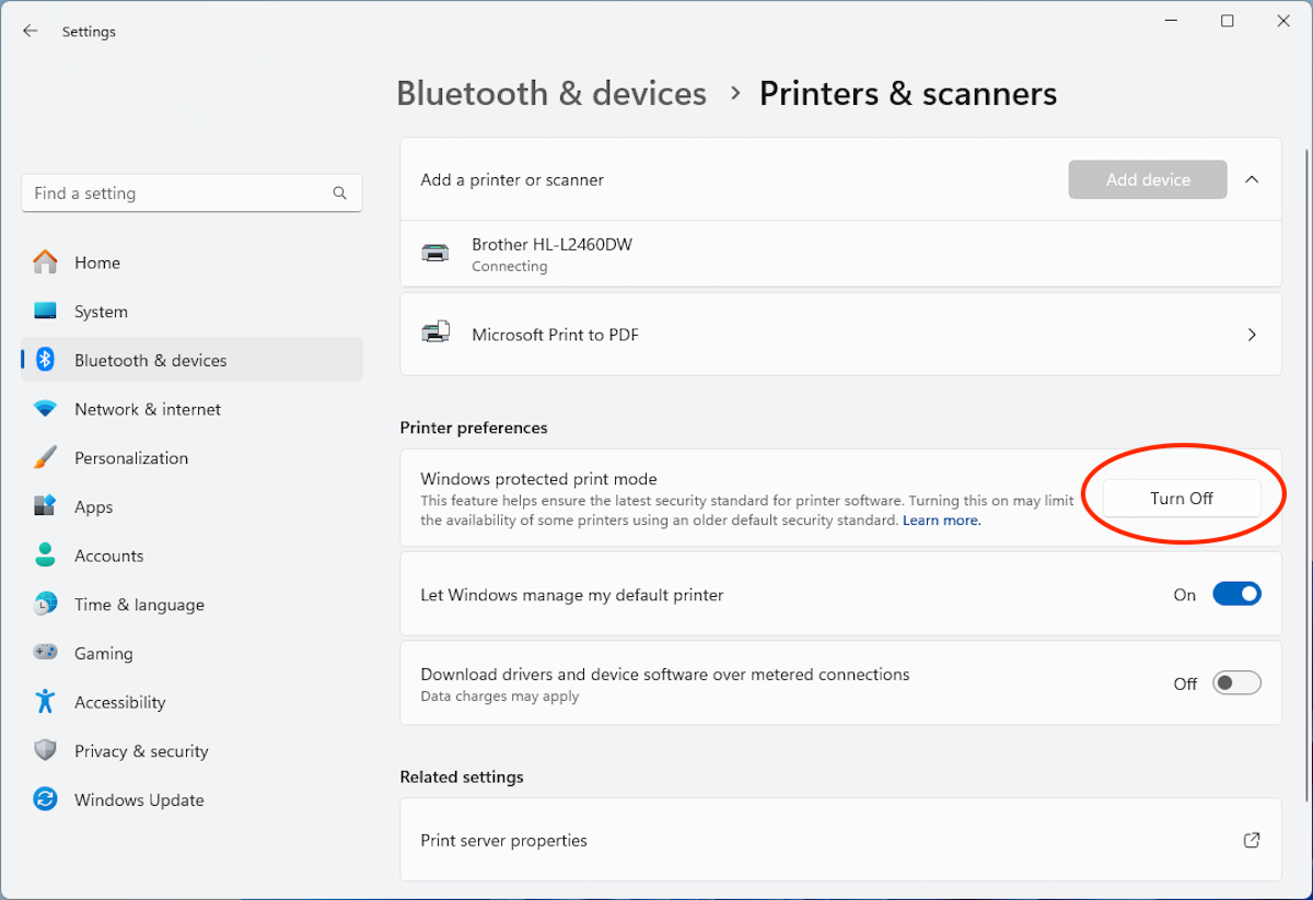 Turning off Windows Protected Print Mode in the Windows Settings app.