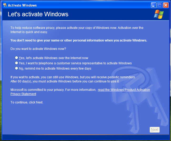 Windows XP activation dialog.