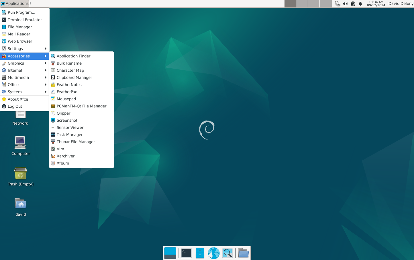 Xfce "Accessories" menu being accessed at the top of the screen.