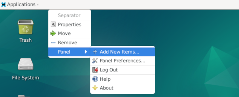 Xfce panel menu with "Add New Items..." option highlighted.