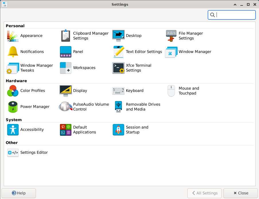 Xfce settings menu