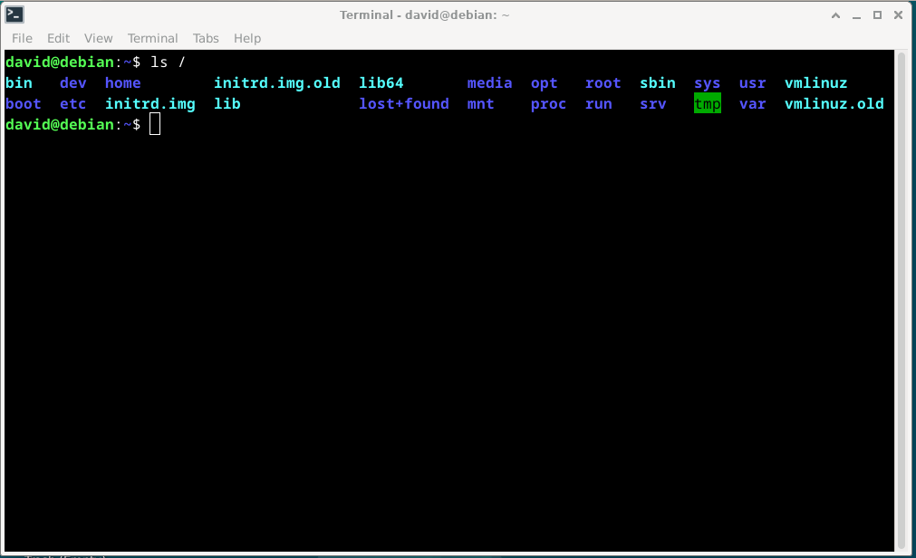 Xfce terminal listing the Linux root directory.