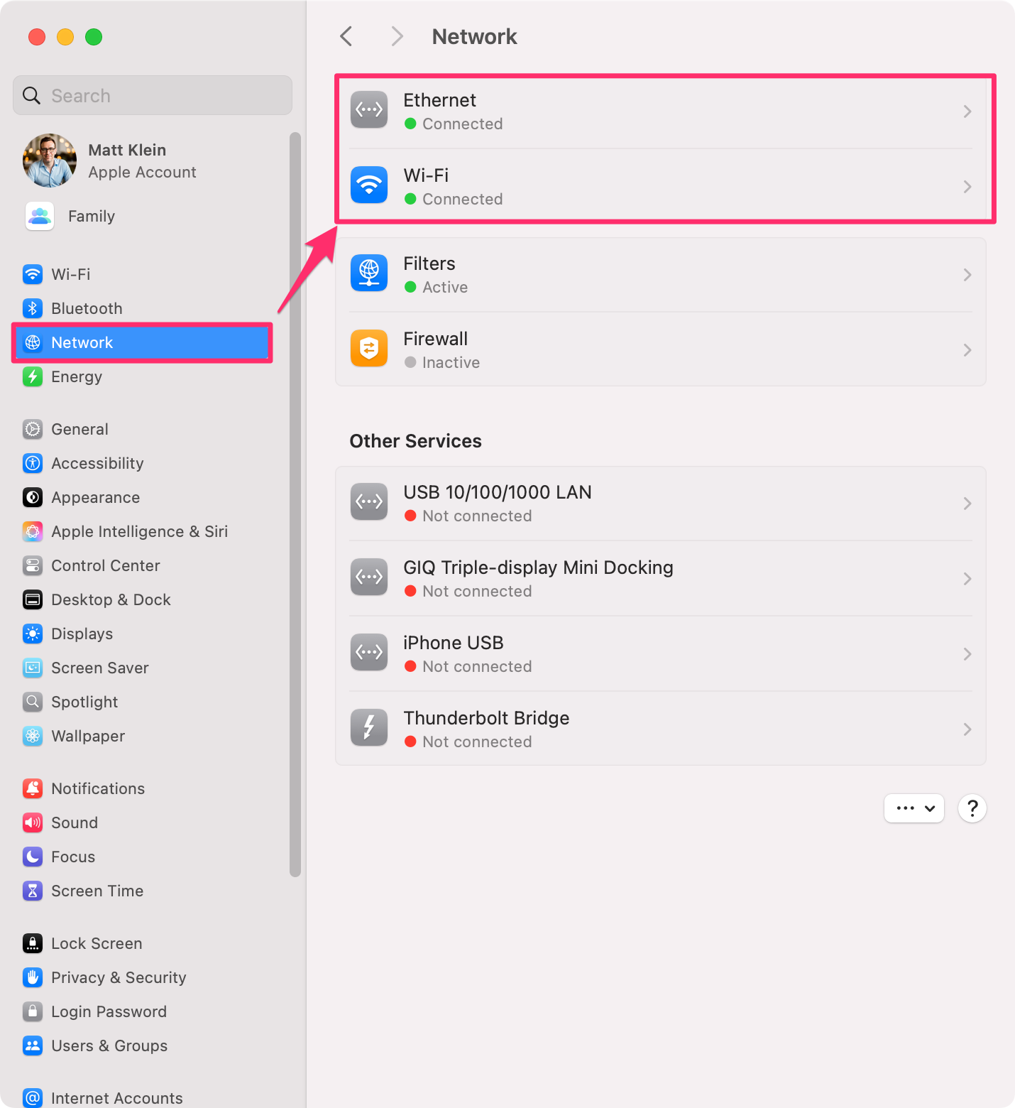 You can verify how you're connected via the Network pane in the System Settings.