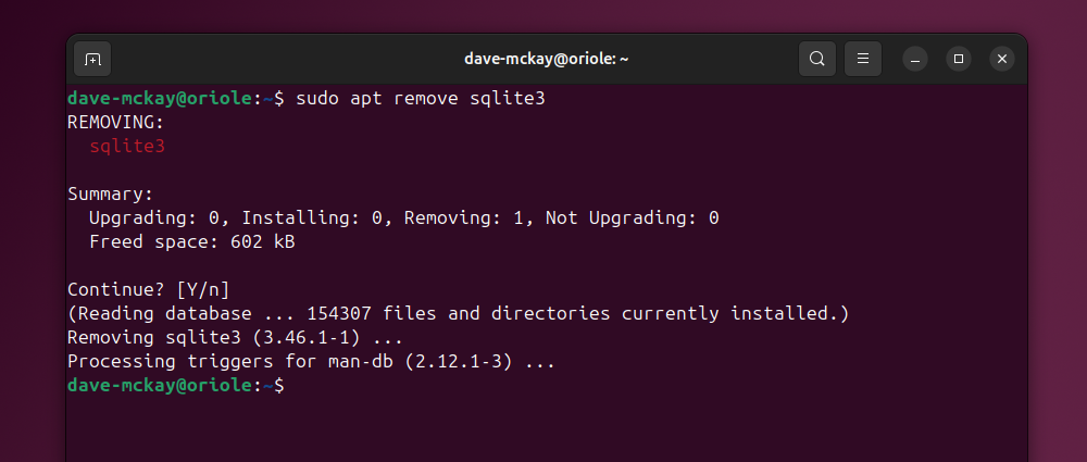 Removing an application with the apt remove command.