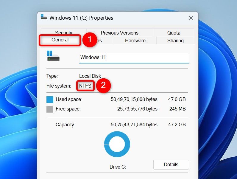 "General" and "NTFS" highlighted on a drive's "Properties" window.