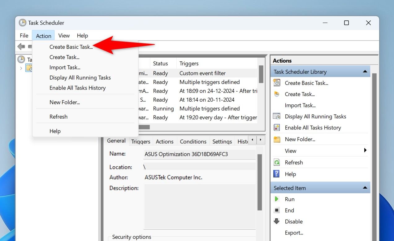 Action > Create Basic Task highlighted in Task Scheduler.