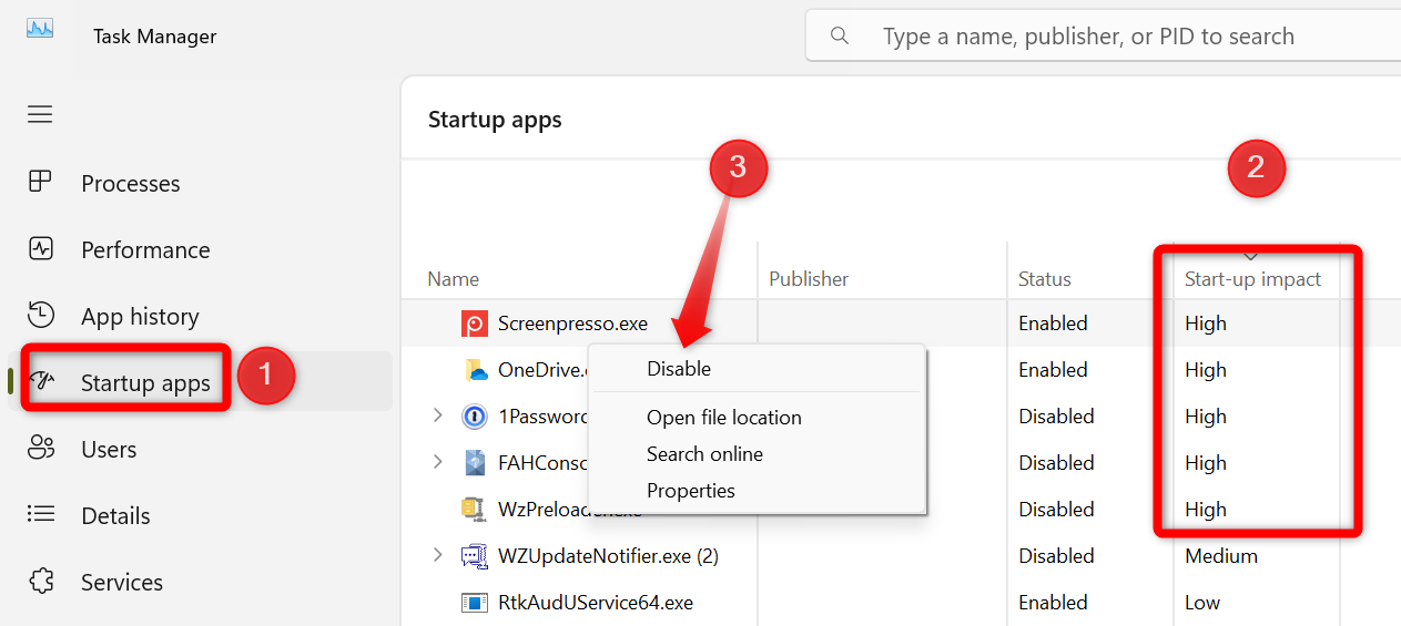 Disabling the startup apps having the high impact in Task Manager.