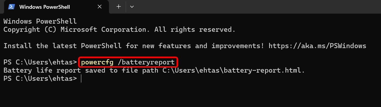 Generating a battery health report from the Windows PowerShell utility.