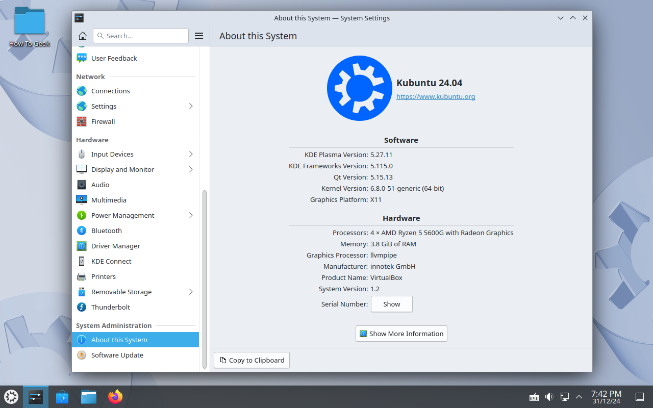 Kubuntu 24.04 Settings app showing System info.